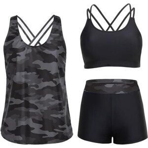 3-Piece Tankini Swimsuit with Sports Bra & Boy Shorts – Tummy Control